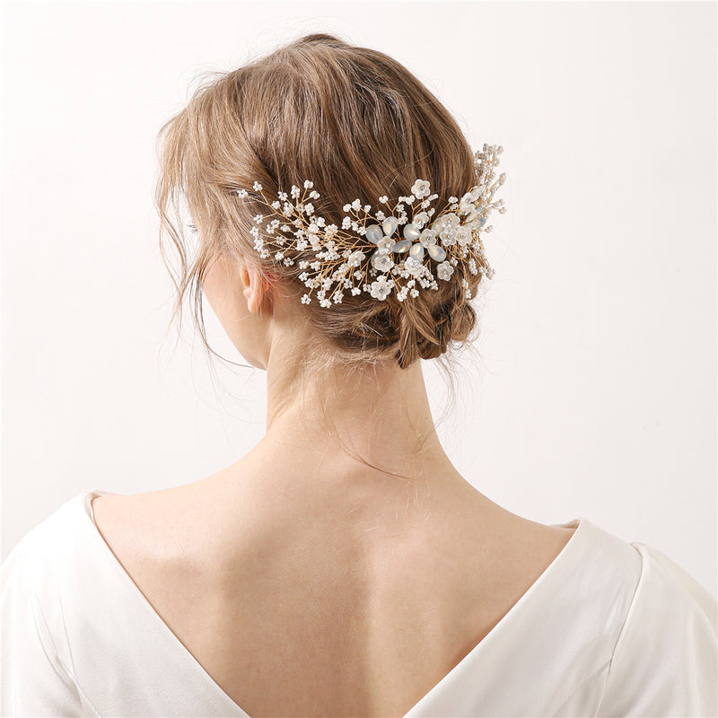 Rose Gold Flower White Beads Wedding Hair Comb Barrette